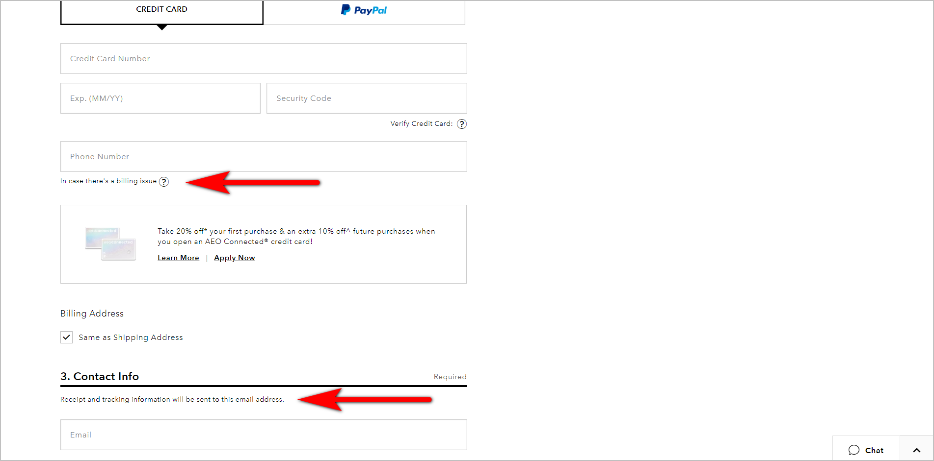 AE.com Checkout-Seite informing the user why information is necessary example - a portion of ae.com's checkout page. under the phone number field, it says "in case there's a billing issue" with a clickable question mark icon. above the email address field, it states "receipt and tracking information will be sent to this email address"