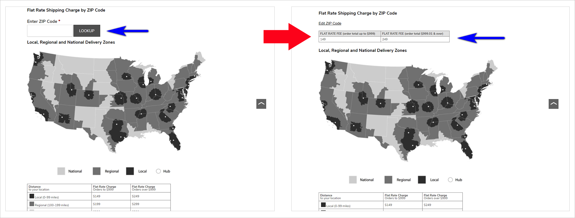PotteryBarn.com Versandinformationsseite: Versandkostenpauschale nach Postleitzahl side by side images of a portion of potterybarn.com's "shipping information" page. the image on the left shows the "flat rate shipping charge by zip code" section prompting the user to "enter zip code" with an empty box and a "lookup" cta button. the image on the right shows the same section displaying the result of the lookup. it includes a table showing the flat rate fee for orders total up to $999 and orders total $999.01 & over
