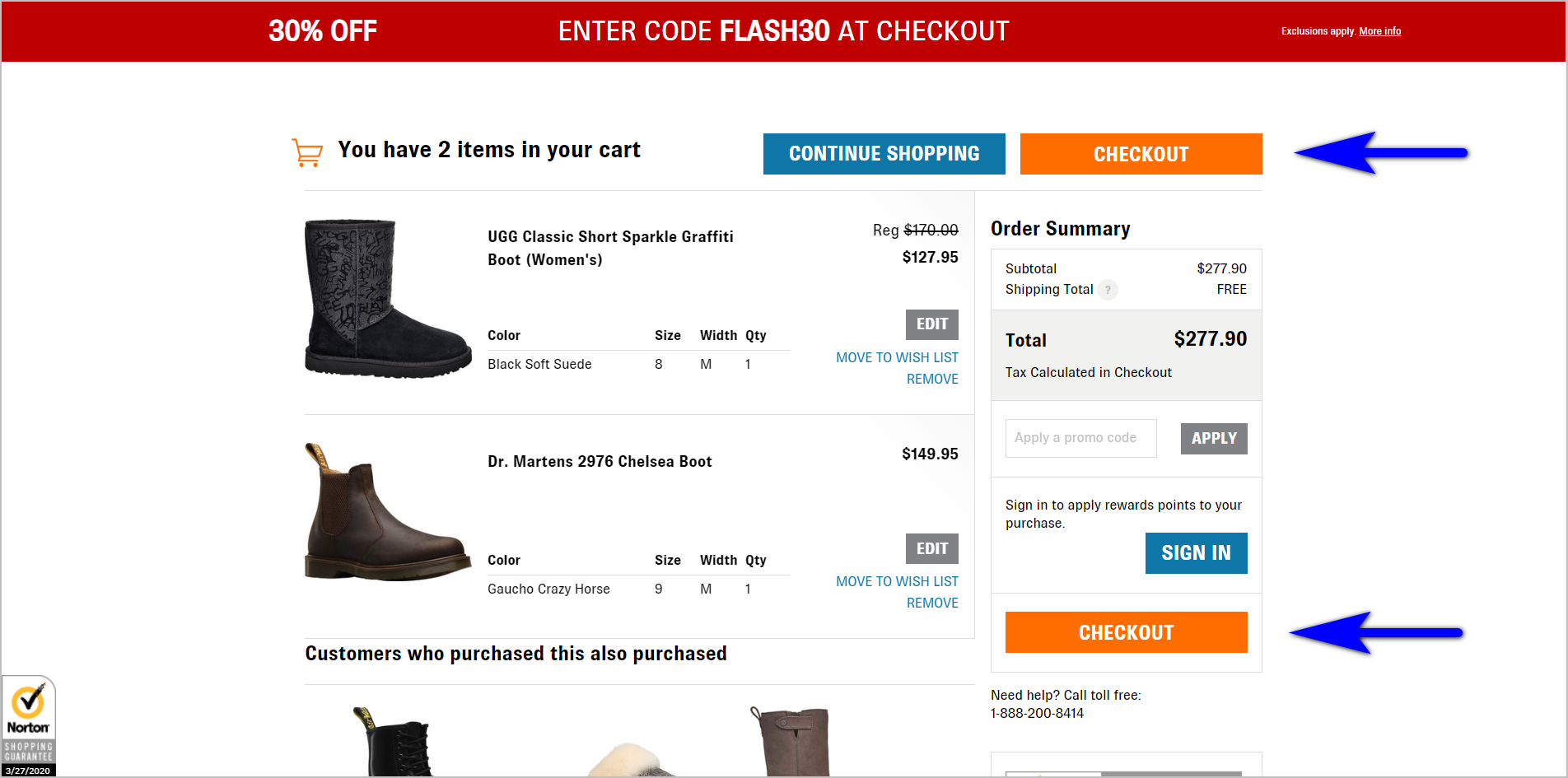 Shoes.com 购物车 reducing motor load example - on the right side of shoes.com's shopping is an orange "checkout" button at the top beside a blue "continue shopping" button. below the "checkout" button is the order summary with the breakdwon of the total amount due. below the order summary is another orange "checkout" button
