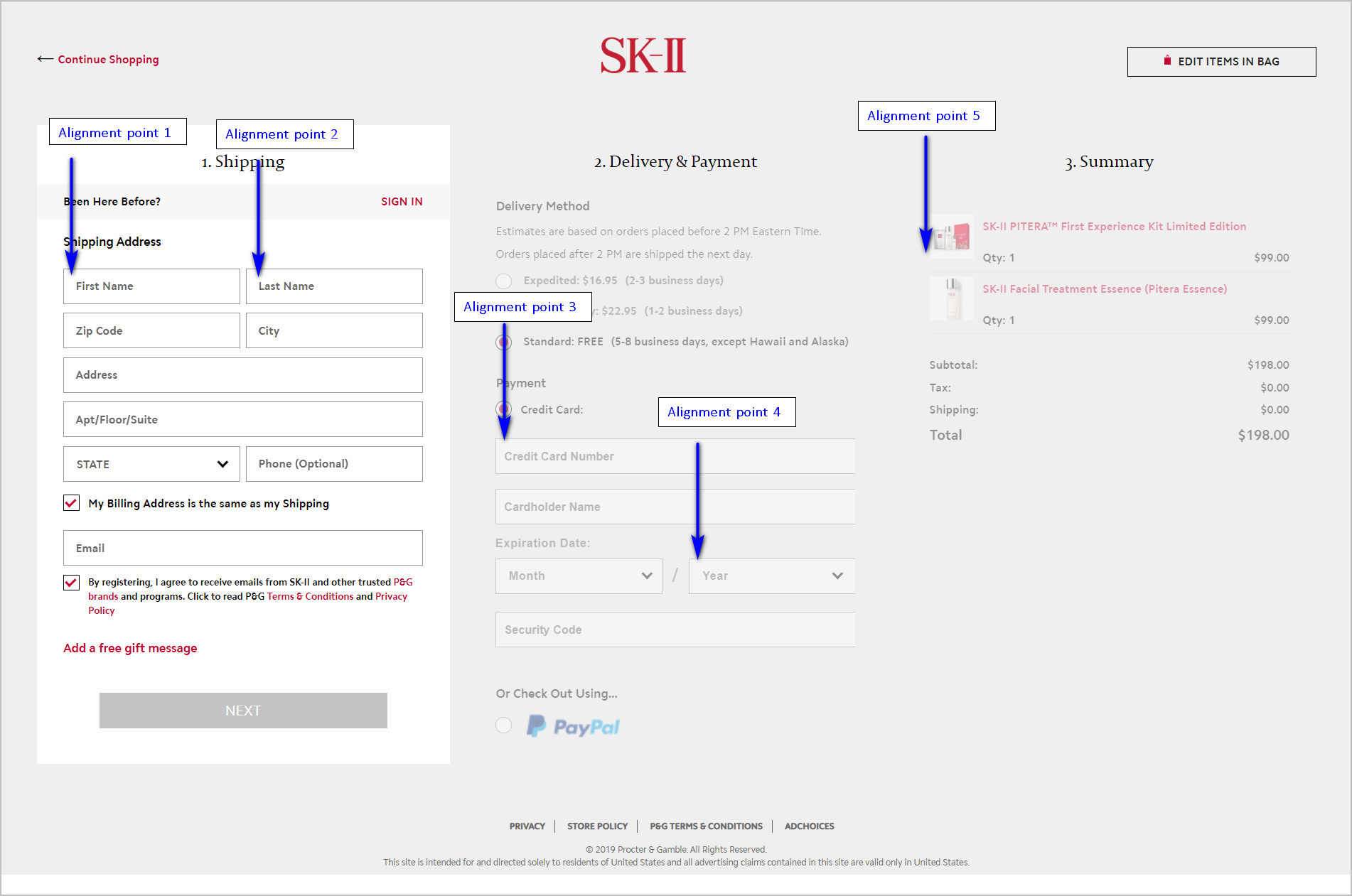 SK-II.com 的结帐页面 reduce cognitive load: alignment points example - SK-II.com's checkout page divided into the shipping, delivery & payment, and summary sections. the shipping section has 2 alignment points, the delivery & payment section has 2 alignment points, and the summary section has 1 alignment point. only the shipping section is active