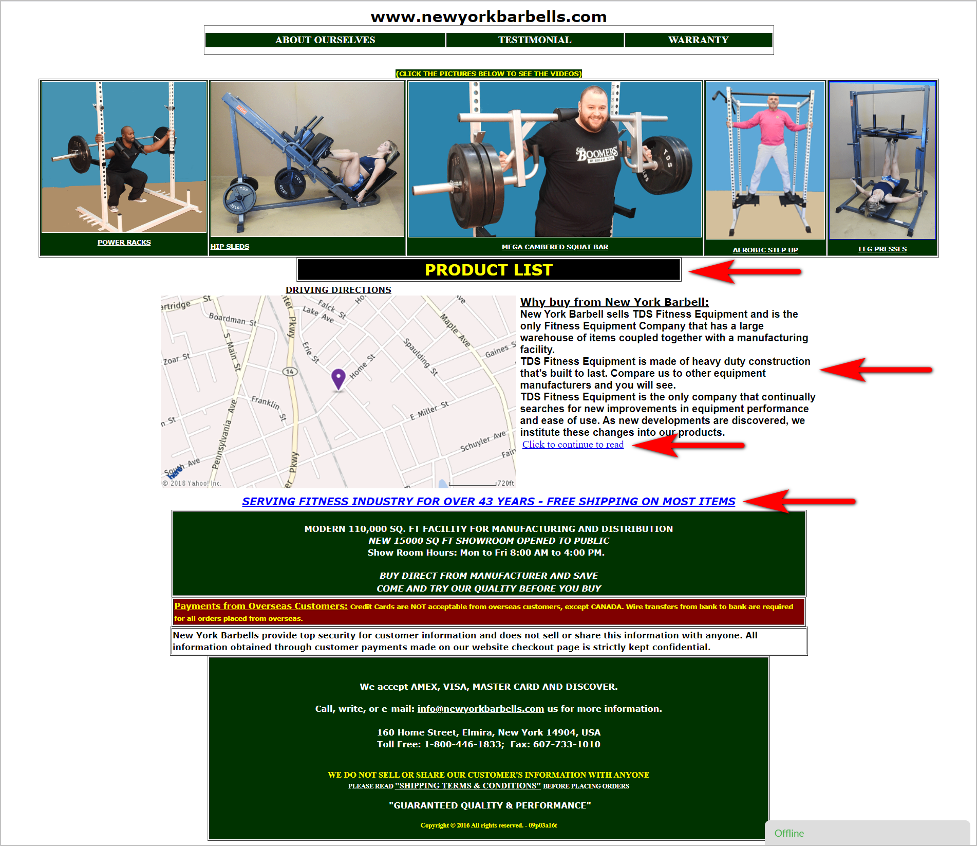 NewYorkBarbells.com 主页 minimize cognitive load: overwhelming visual load example - newyorkbarbells.com homepage lacks a clear system to convey interactive versus non-interactive elements. "product list", for instance, is a section heading but is inside a black rectangular box with a prominent border, making it look like a button. the page also seems to use colors randomly - there's white text against a green background, bright yellow text against a black background, bright yellow text against a maroon background, and a combination of white and bright yellow text against a green background. the page is also text-heavy with blocks of text all over