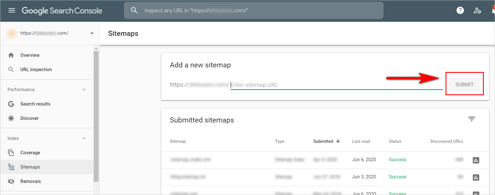 แผนผังเว็บไซต์ของ Google Search Console google search console basics - screenshot of the sitemaps page. it has a "add a new sitemap" area with a bar where users can put their sitemap URL. below is a "submitted sitemaps" section with a table of sitemaps, including the type, the date they were submitted, when they were last read, the status, and the number of discovered urls