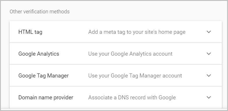 วิธีการยืนยันอื่นๆ ของ Google Search Console google search console basics - screenshot of the list of the 4 other methods to verify google search console