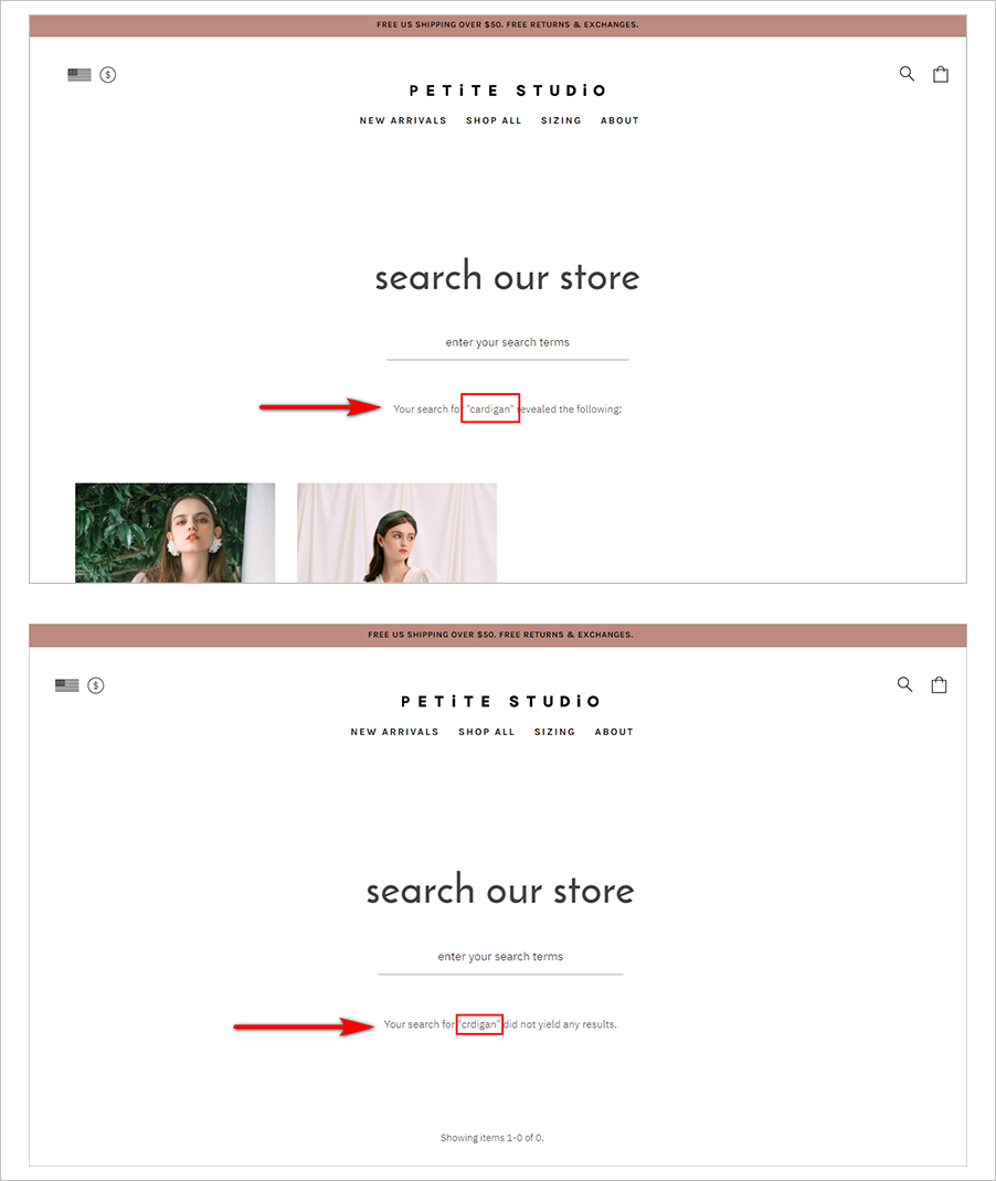 example of not accounting for misspellings - 2 versions of petitestudio.com's search results &hellip;