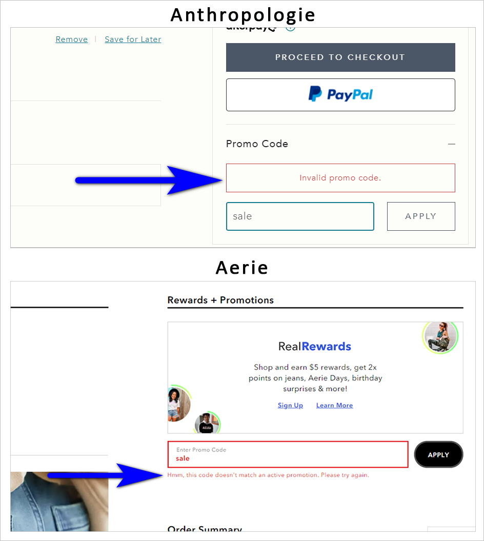 example of transactional and friendly error messages - anthropologie.com's promo code box error &hellip;