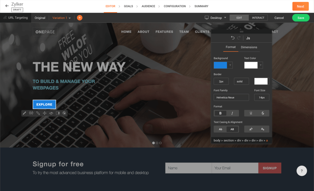 Obraz edytora narzędzia do testowania witryny Zoho Pagesense