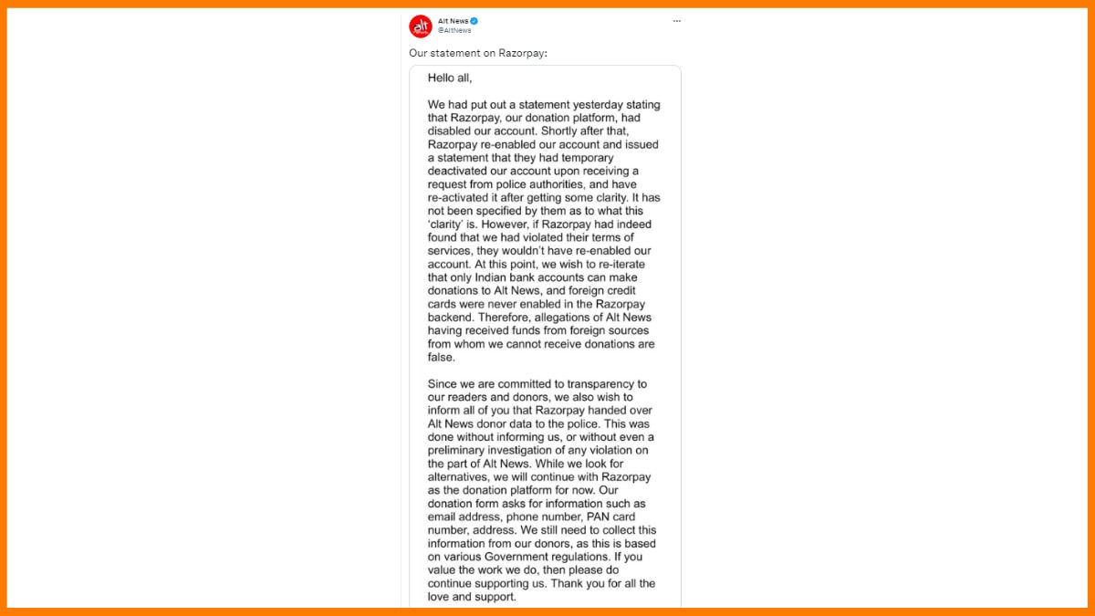 Alt News Statement เกี่ยวกับ Razorpay