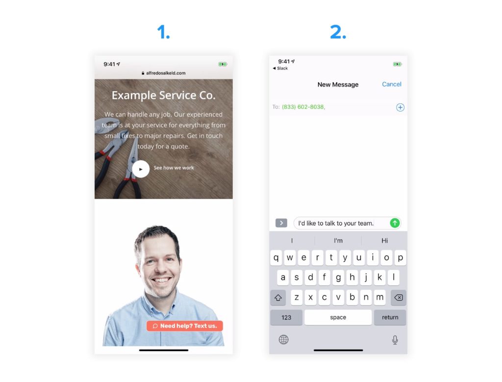 duas etapas para configurar um link de clique para texto e um botão nas capturas de tela