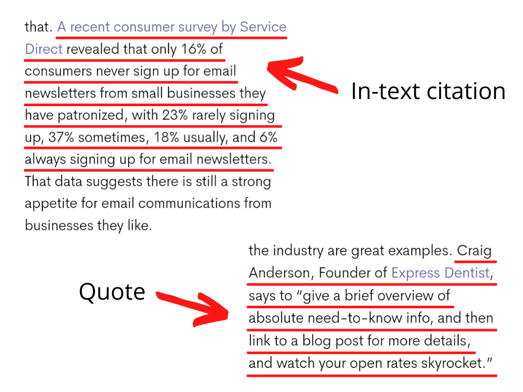 Ejemplos de una cita en el texto y una cita directa que cita la fuente y proporciona un enlace a la fuente. La cita también está entre comillas.