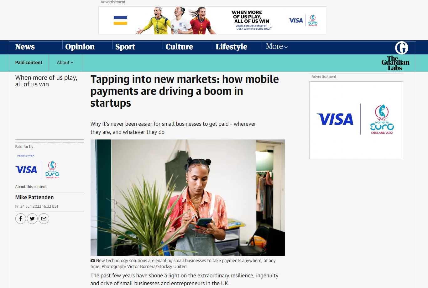 لقطة شاشة لمقال برعاية الجارديان بعنوان الدخول إلى أسواق جديدة: كيف تدفع مدفوعات الهاتف المحمول طفرة في الشركات الناشئة