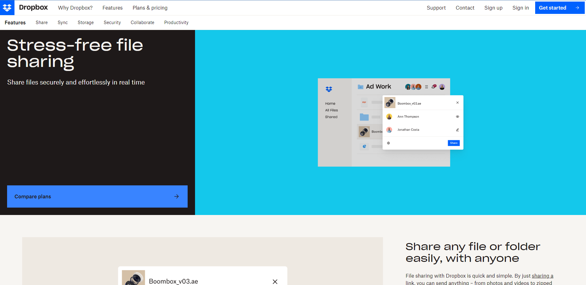 Dropbox web sitesinden bir sayfanın ekran görüntüsü. Başlık metninde "stressiz dosya paylaşımı" yazıyor