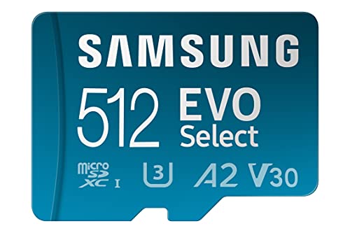 SAMSUNG EVO Select Micro SD-Memory-Card + adaptador, 512 GB microSDXC 130 MB/s Full HD y 4K UHD, UHS-I, U3, A2, V30, almacenamiento ampliado para smartphones Android, tabletas, Nintendo-Switch (MB-ME512KA/AM )