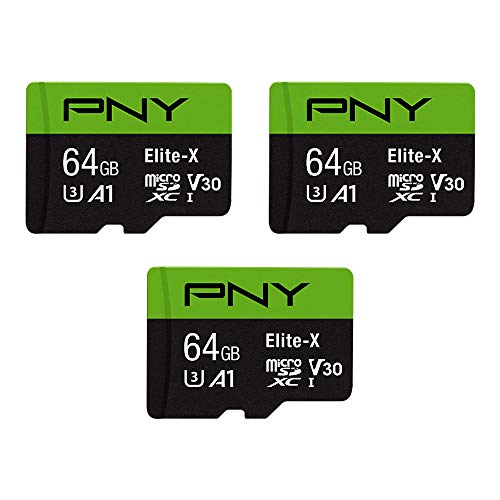 Paquete de 3 tarjetas de memoria flash PNY Elite-X Class 10 U3 V30 microSDXC de 64 GB - 100 MB/s, Class 10, U3, V30, A1, 4K UHD, Full HD, UHS-I, micro SD