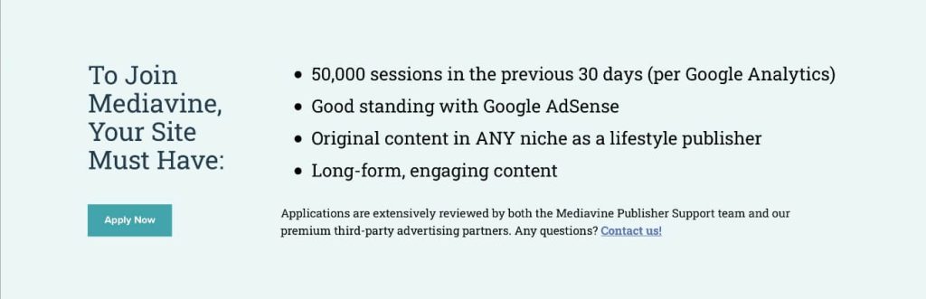 tangkapan layar persyaratan mediavine