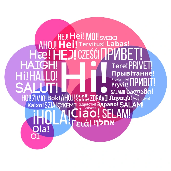 Eine Wortblase mit Grüßen in mehreren EU-Sprachen
