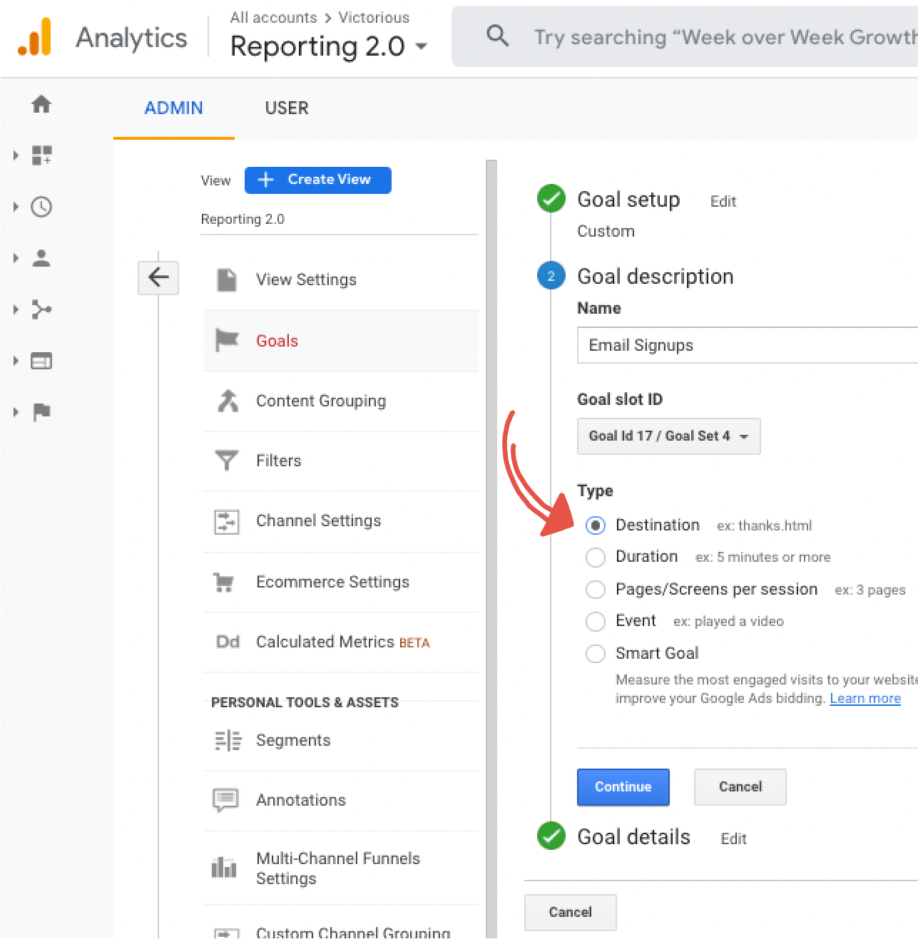 إعداد هدف ga المخصص