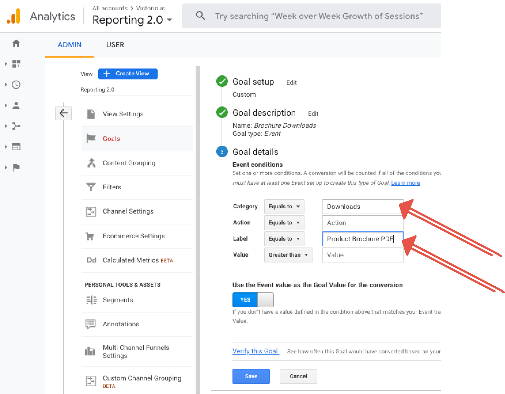 لقطة شاشة لهدف حدث في GA