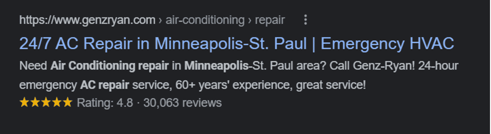 GoogleでのHVACWebサイトランキングのメタデータ