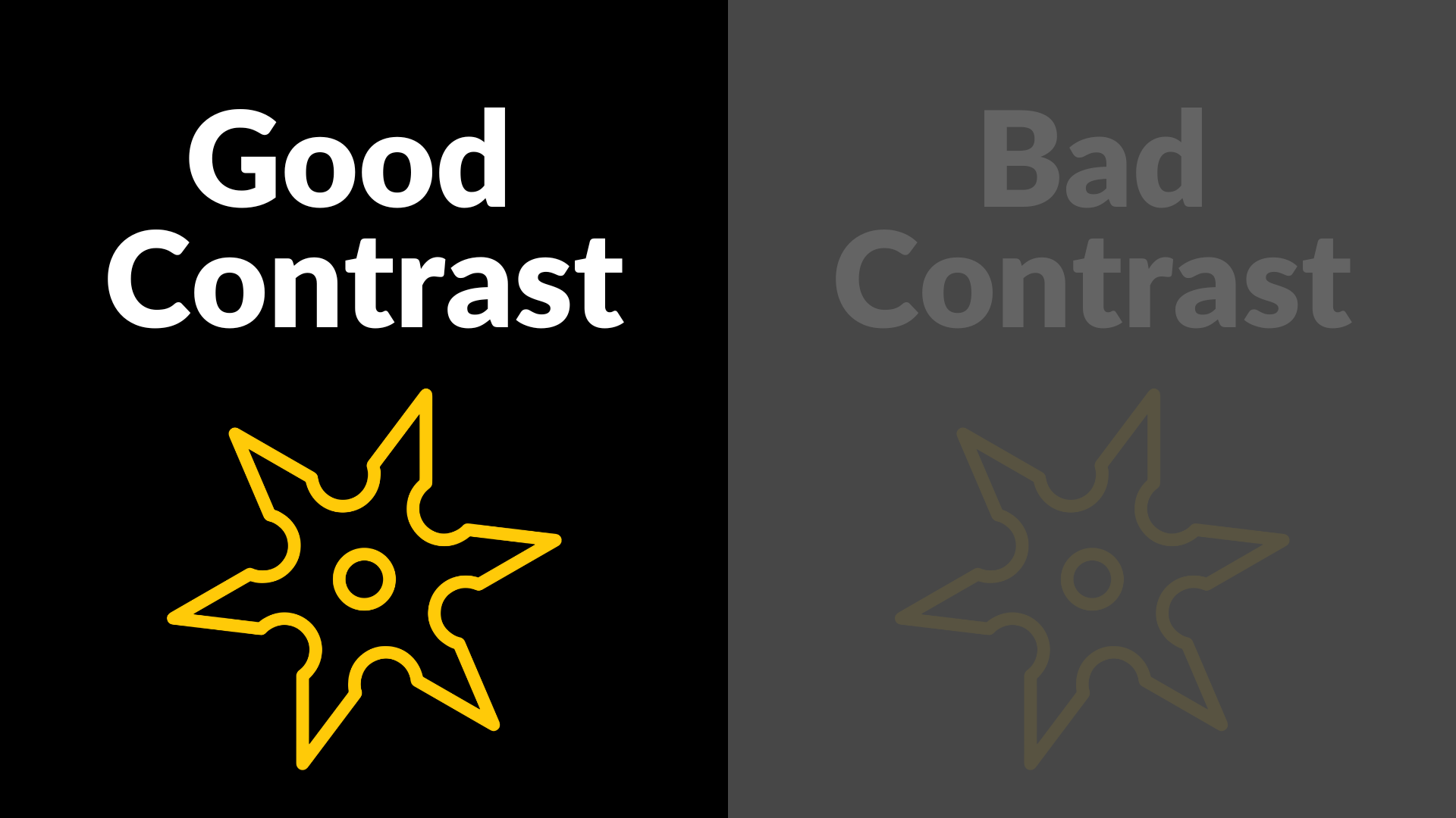 صورة تظهر نصًا أبيض على خلفية سوداء ، مع shuriken أصفر. يقرأ النص تباين جيد. يحتوي النصف الثاني من الصورة على خلفية رمادية ونص رمادي فاتح وشوريكين أصفر باهت. يقرأ النص تباينًا سيئًا