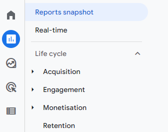 لقطة شاشة لموقع لقطة التقارير في Google Analytics 4