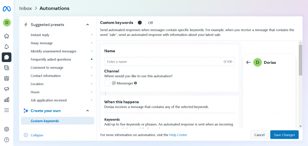 Facebook 환영 메시지 페이지- 15 예제 및 템플릿 사용 준비 14 Custom Keywords Messages