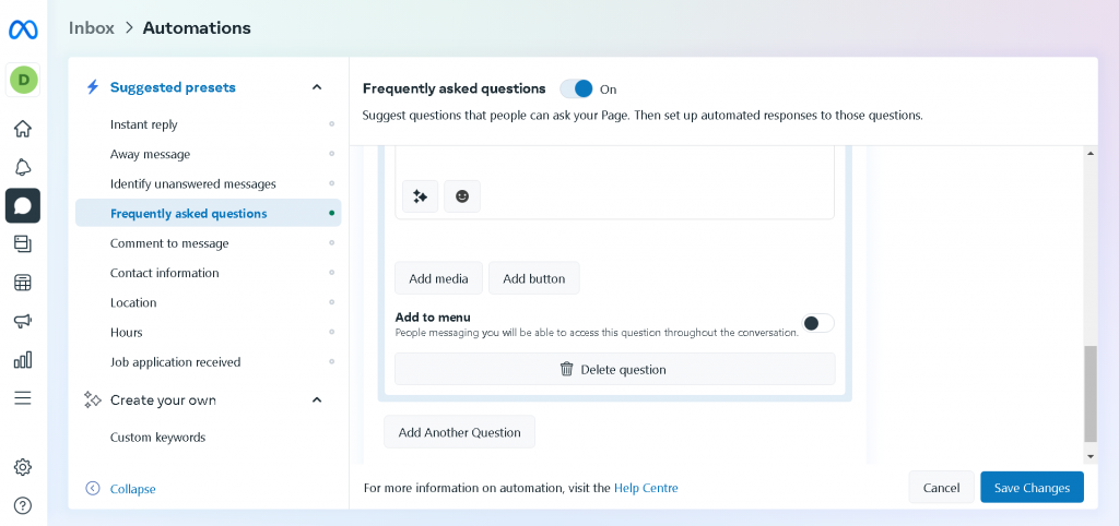 Facebook 환영 메시지 페이지- 15 예제 및 템플릿 사용 준비 13 Facebook message Add Media