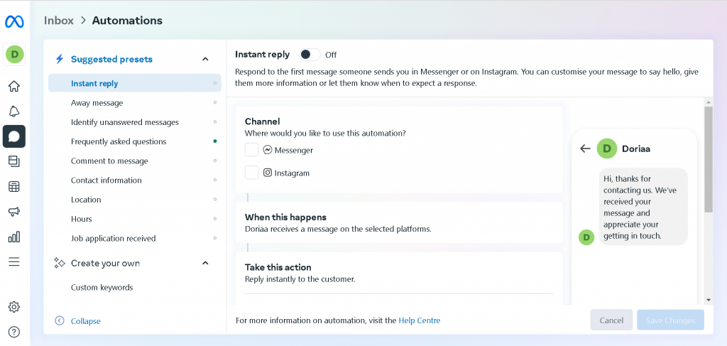 Facebook 환영 메시지 페이지- 15 사용 가능한 예제 및 템플릿 9 Meta Business Suite Automation