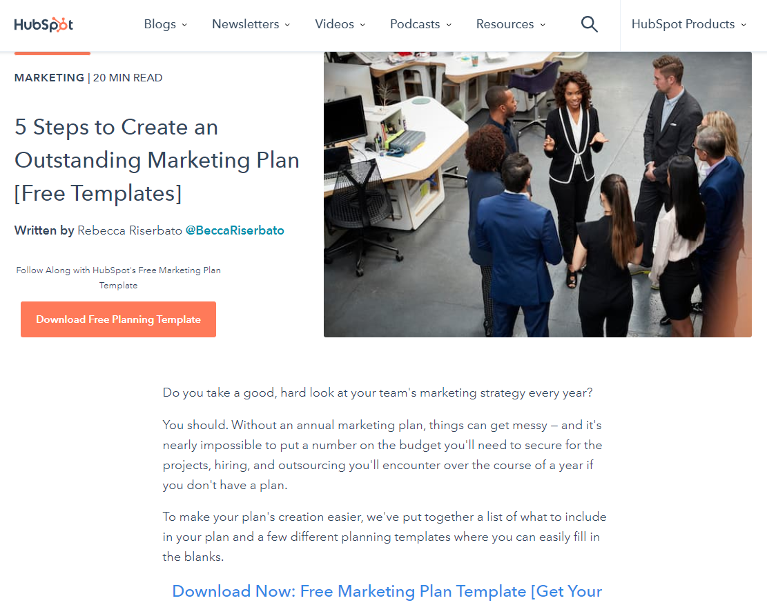 Capture d'écran d'un blog hubspot. Il y a un appel à l'action en haut et en bas de la capture d'écran