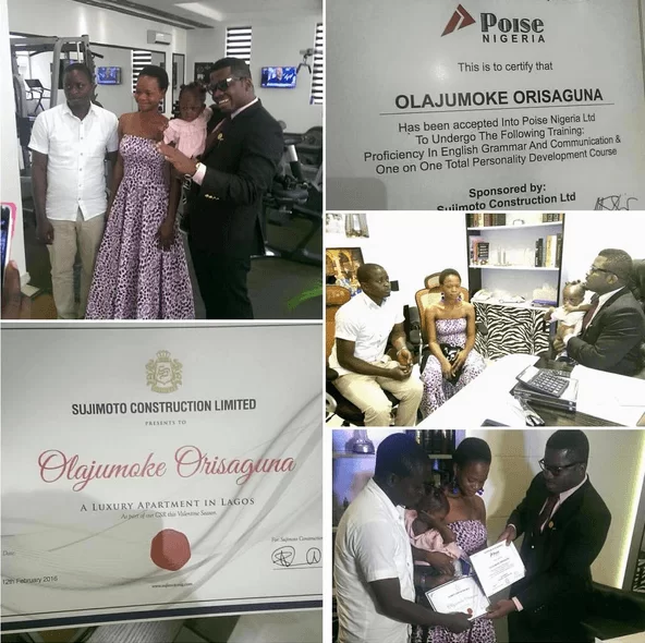 Olajumoke nimmt ihre Wohnung und ihr Praktikumszeugnis entgegen