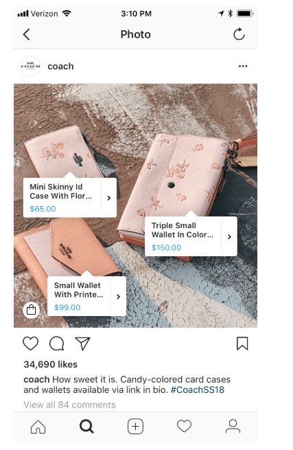 Étiquettes achetables de Coach sur Instagram