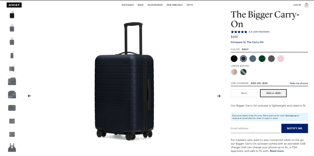 Pagina del prodotto AWAY