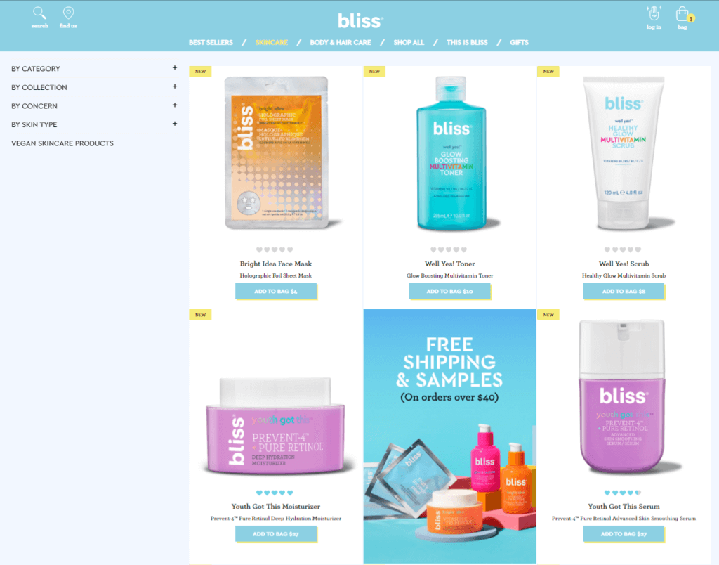 Pagina dell'elenco dei prodotti Bliss