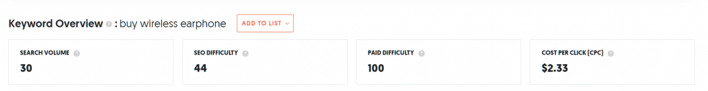 uma tabela de exemplo de métricas de palavras-chave importantes