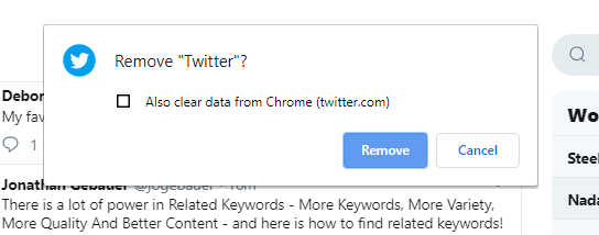 Fereastra pop-up de dezinstalare Twitter PWA