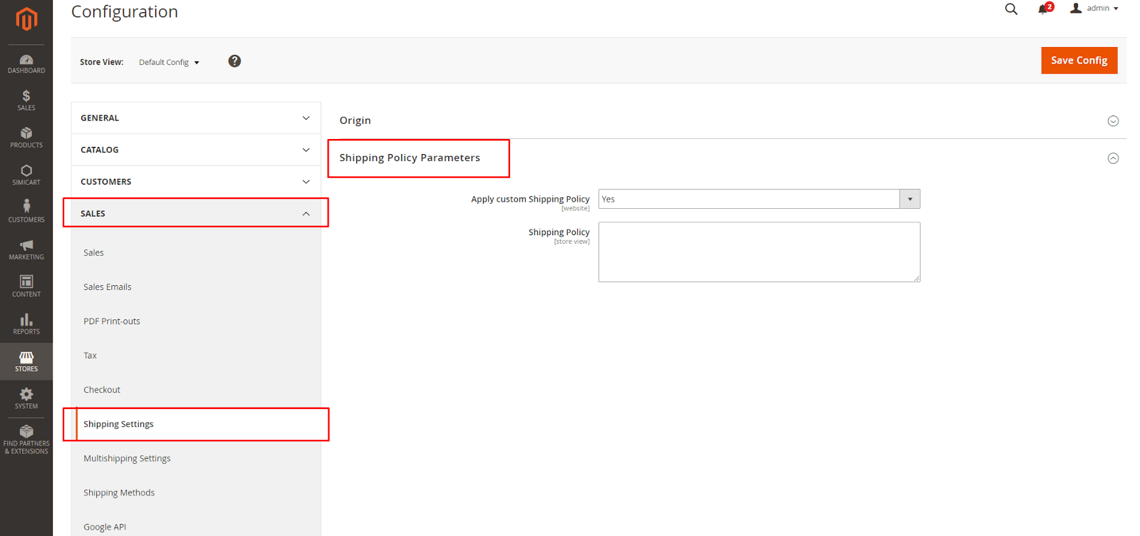 magento 2 parametri della politica di spedizione