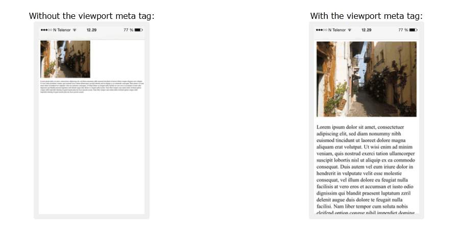 Página web con y sin metaetiqueta de ventana gráfica