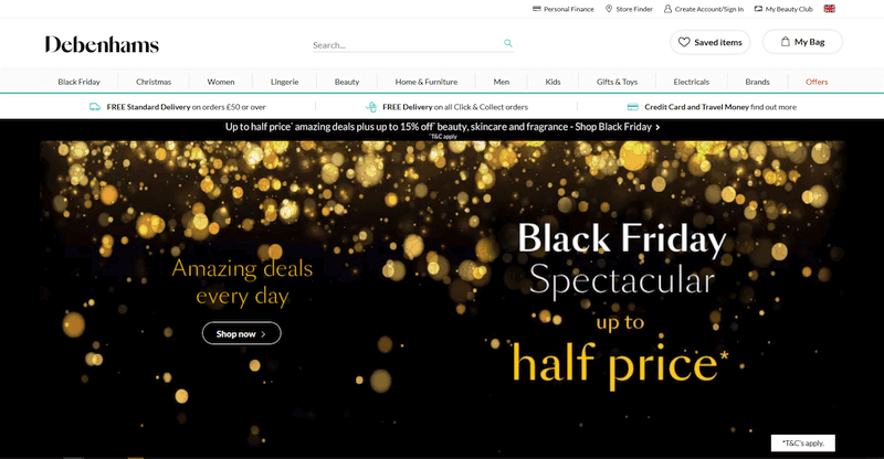 Vitrina site-ului Debenhams