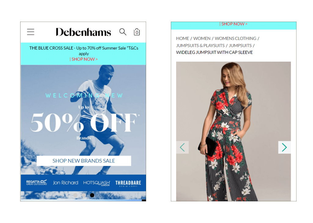 Debenhams PWA บนมือถือ