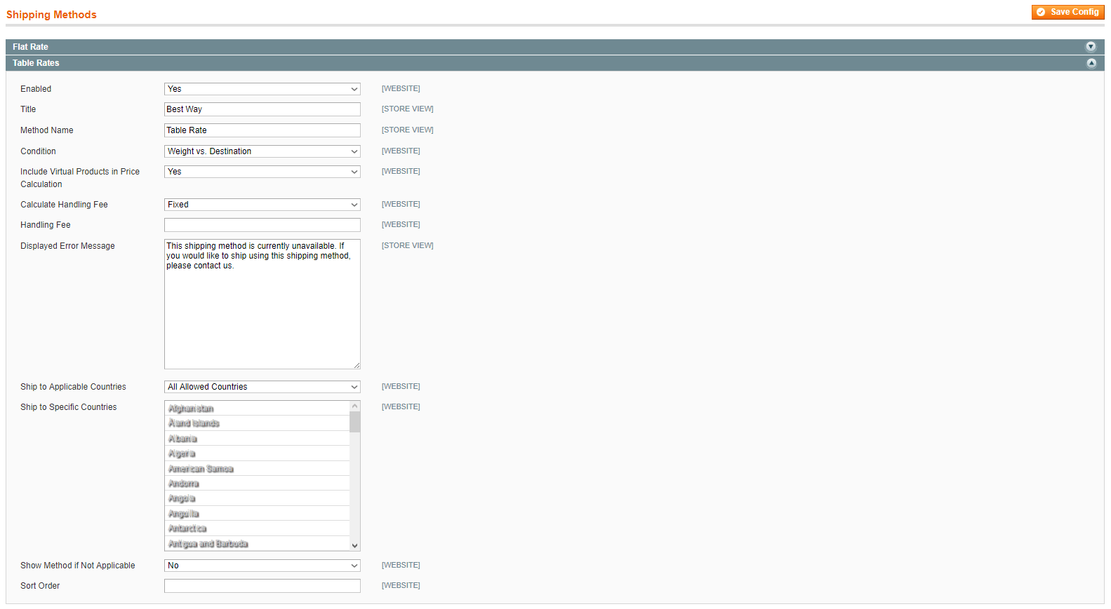 Taxas de mesa Magento