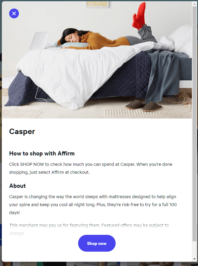 Situs web Casper di Affirm