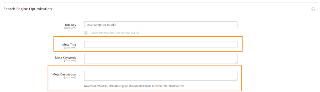 Metadaten für das Produkt Magento