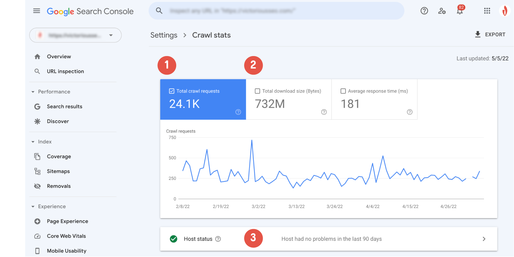 Meniul de setări al consolei de căutare Google pentru a găsi statistici de accesare cu crawlere