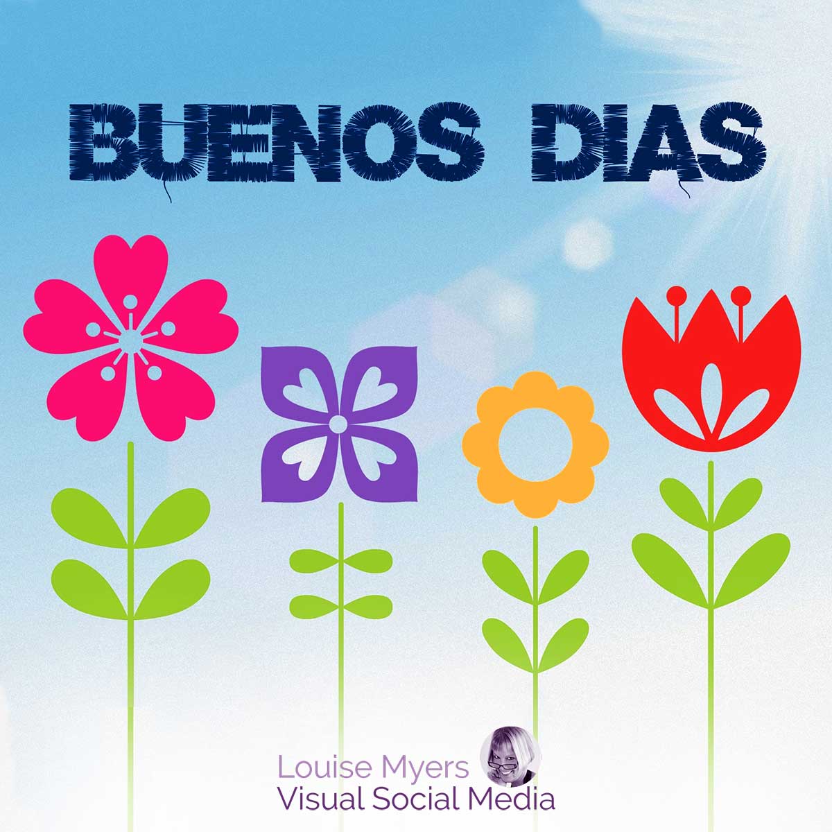 ดอกไม้กระดาษหลากสีบนท้องฟ้าสีครามพูดว่า buenos dias สวัสดีตอนเช้าเป็นภาษาสเปน