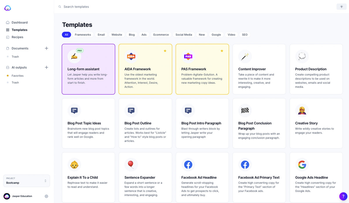 Plantillas de IA de Jasper