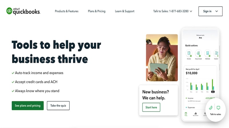 Pagina iniziale di Intuit Quickbooks
