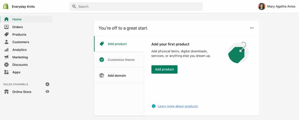 Shopify 2.0 での Shopify の商品追加ツールのスクリーンショットの例。