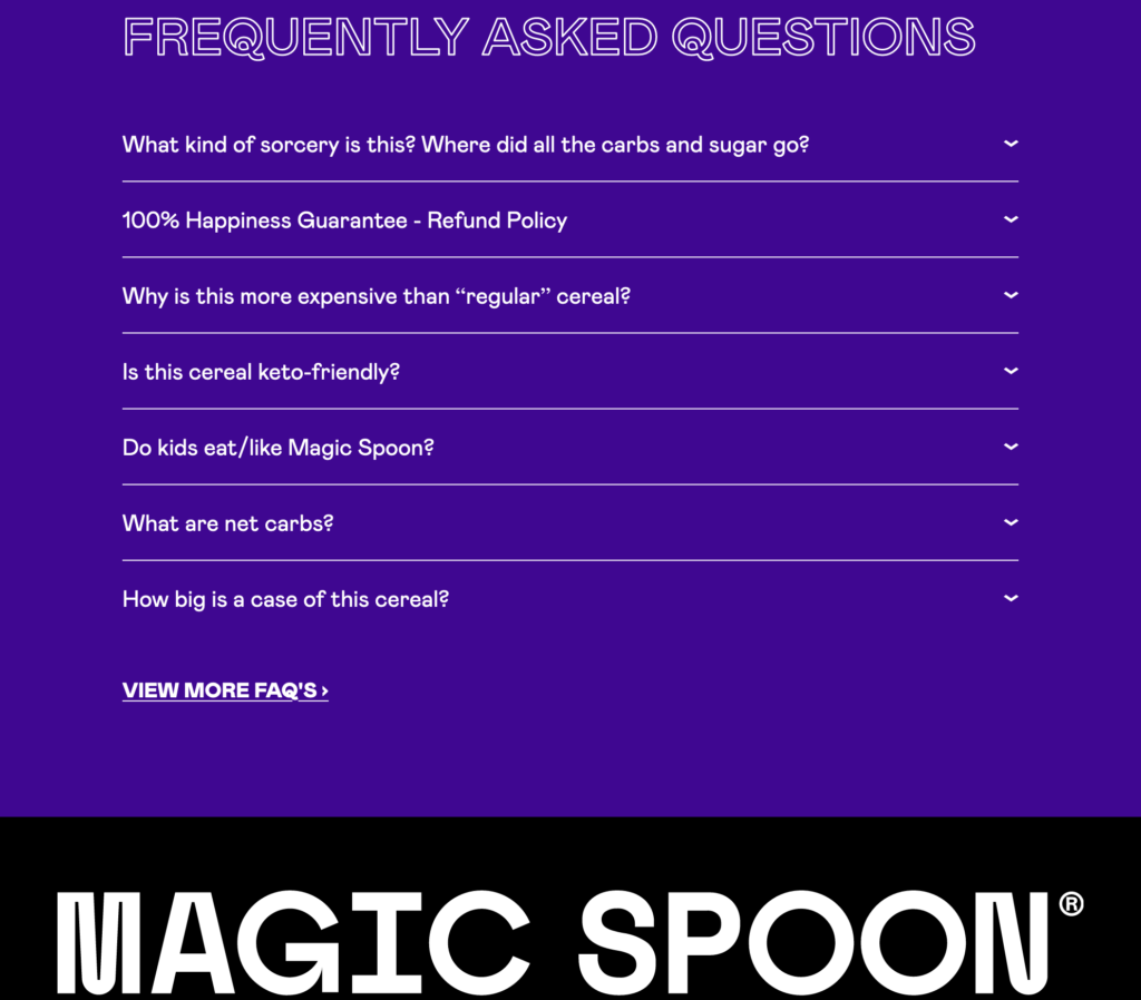 Magic Spoon FAQs unten auf der Produktseite