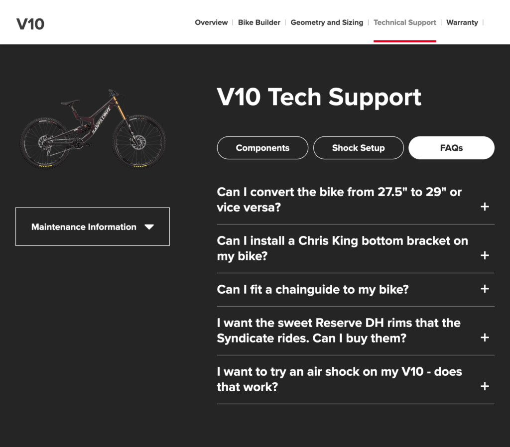 Häufig gestellte Fragen von Santa Cruz Bicycles für das V10-Produkt unter der Überschrift V10 Tech Support