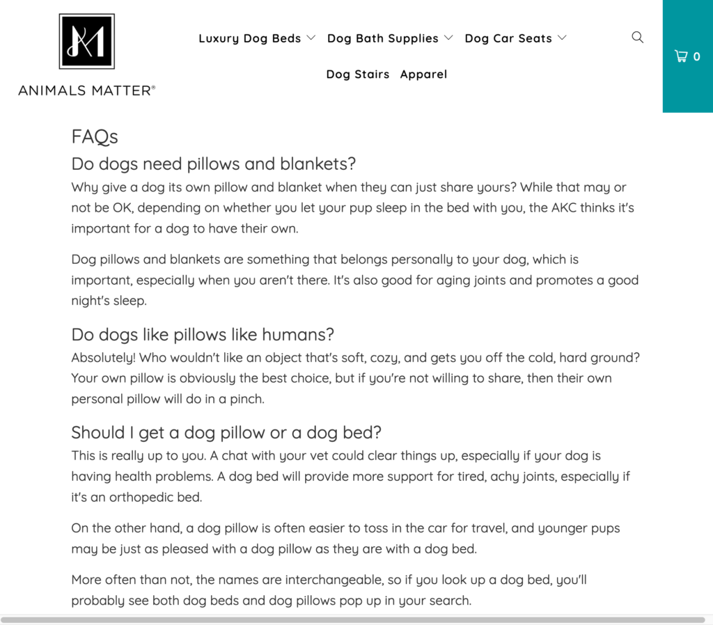 Animals Matter FAQ-Bereich als Teil ihres Blog-Artikels.