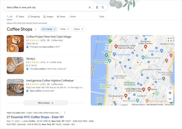 El mejor paquete local de cafetería de Google